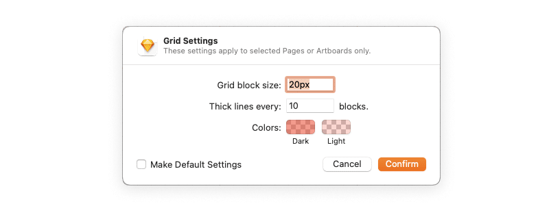 A dialog showing Sketch's grid settings