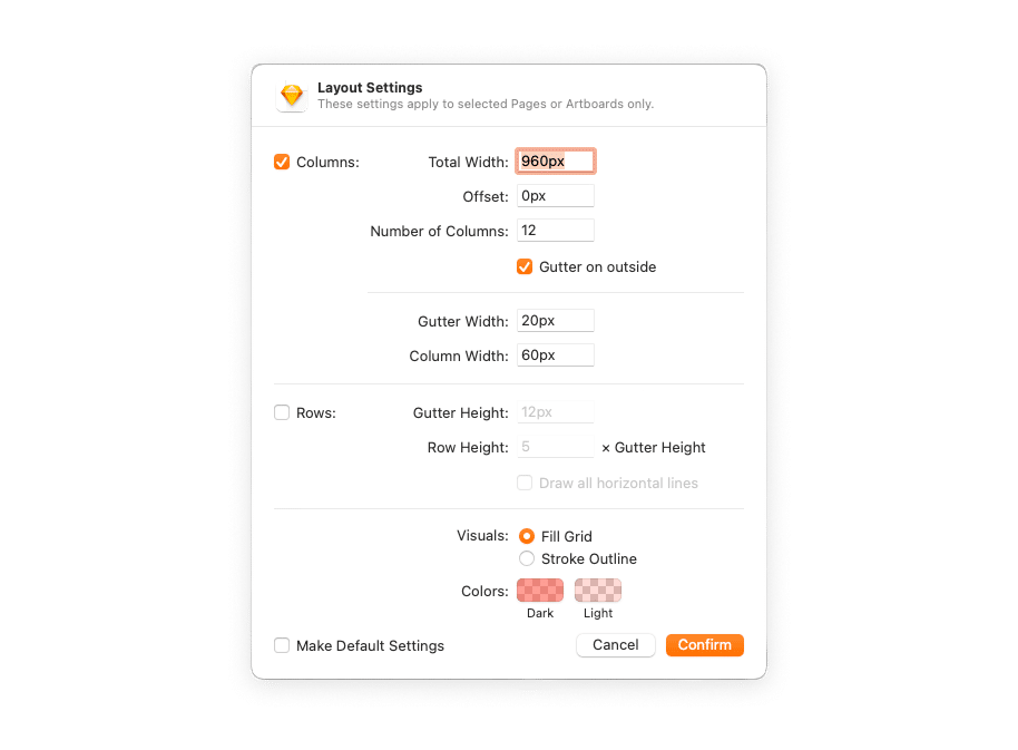 Sketch's layout settings displayed in a dialog box