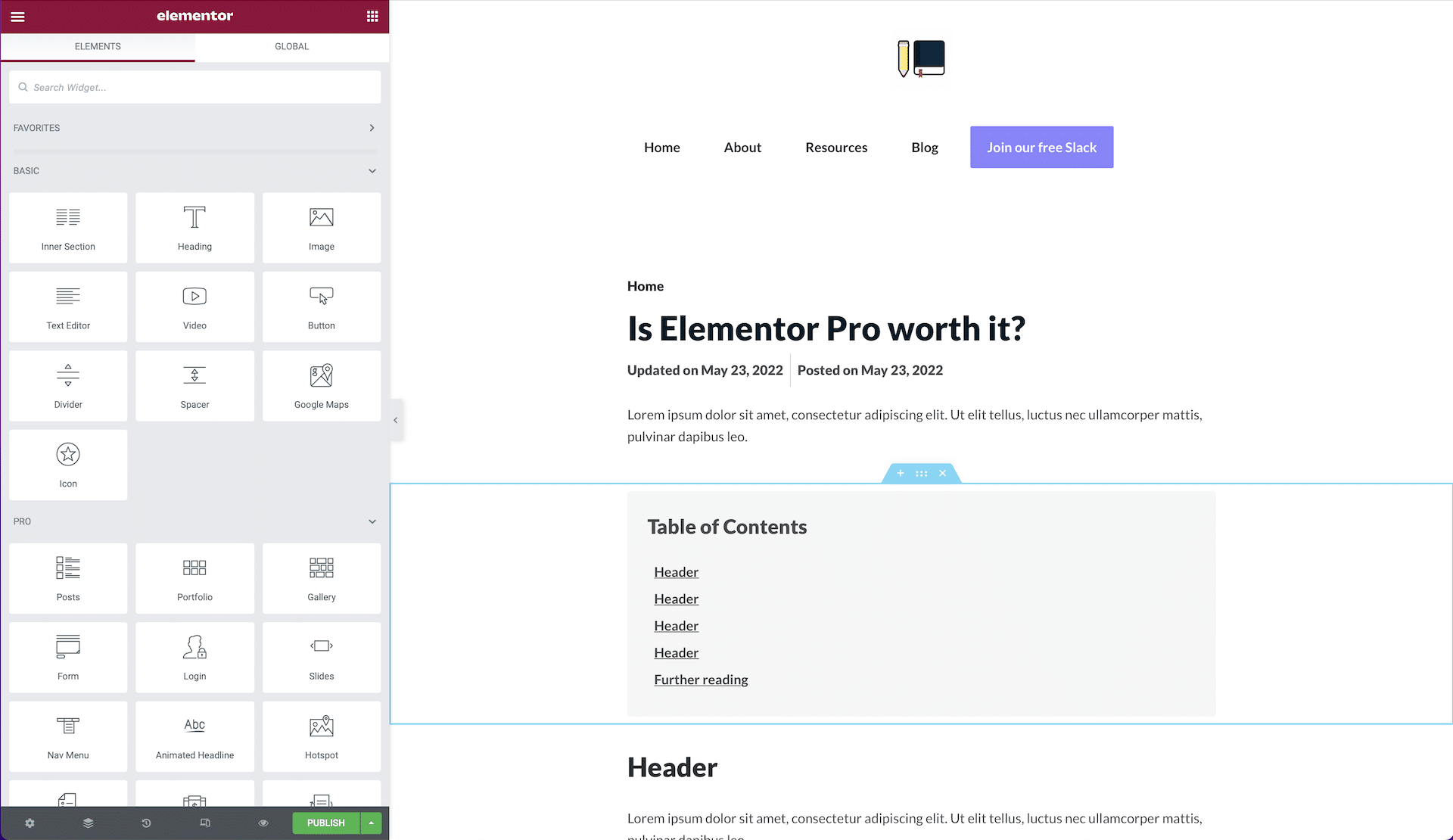 An example of a template you can create using Elementor Pro.